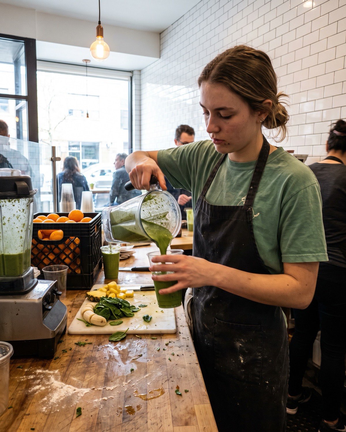 A juice bar worker pours a green smoothie from a blender into a clear cup next to cut fruit
