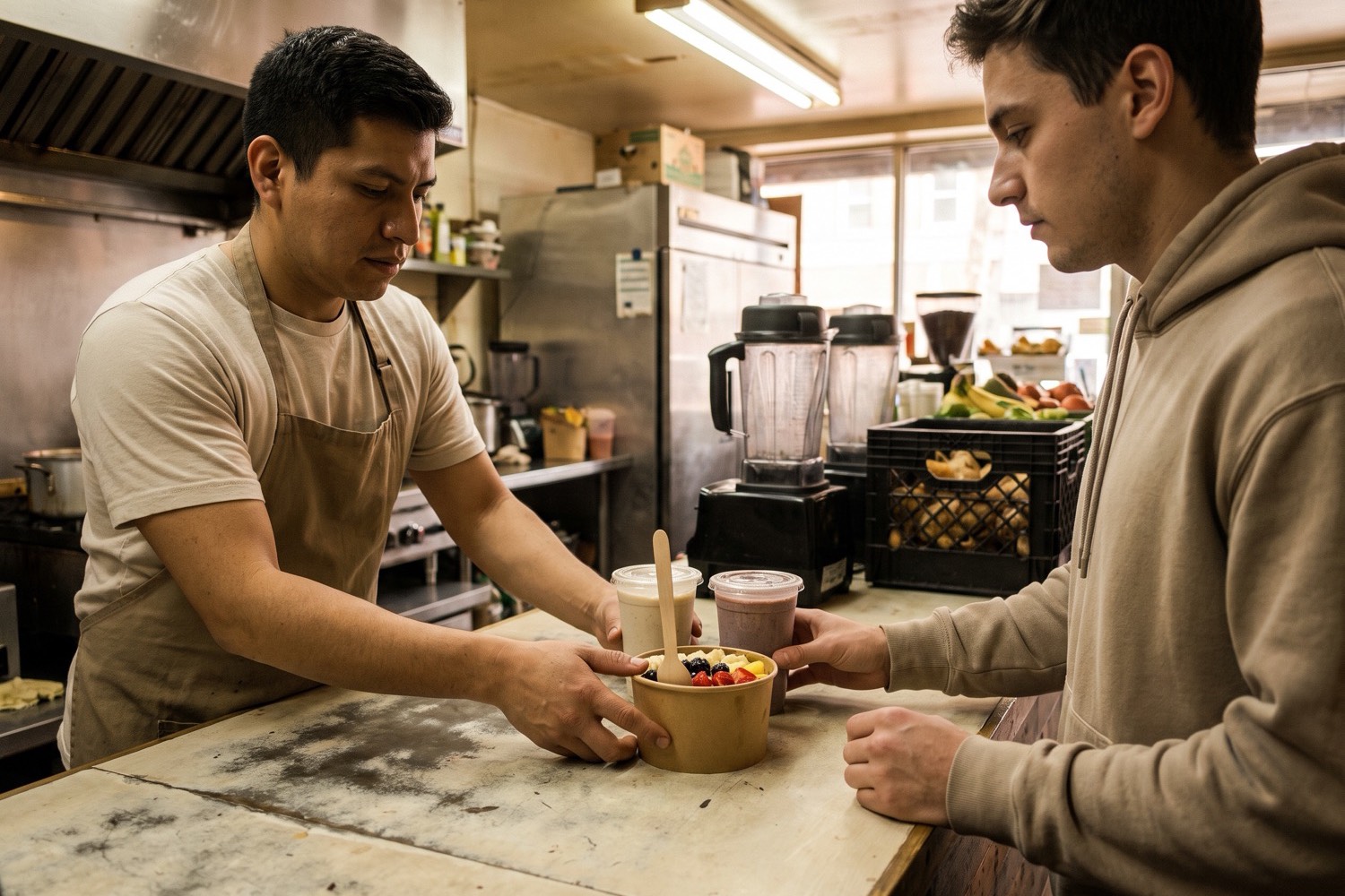 An acai bowl and two lidded smoothies set down on a juice bar pickup counter as a customer reaches for them