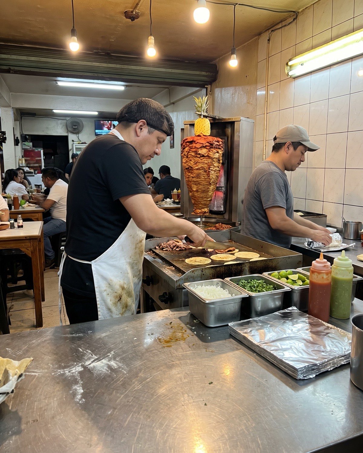 A taquero chops meat on the plancha beside the al pastor spit while a second cook wraps a burrito in foil