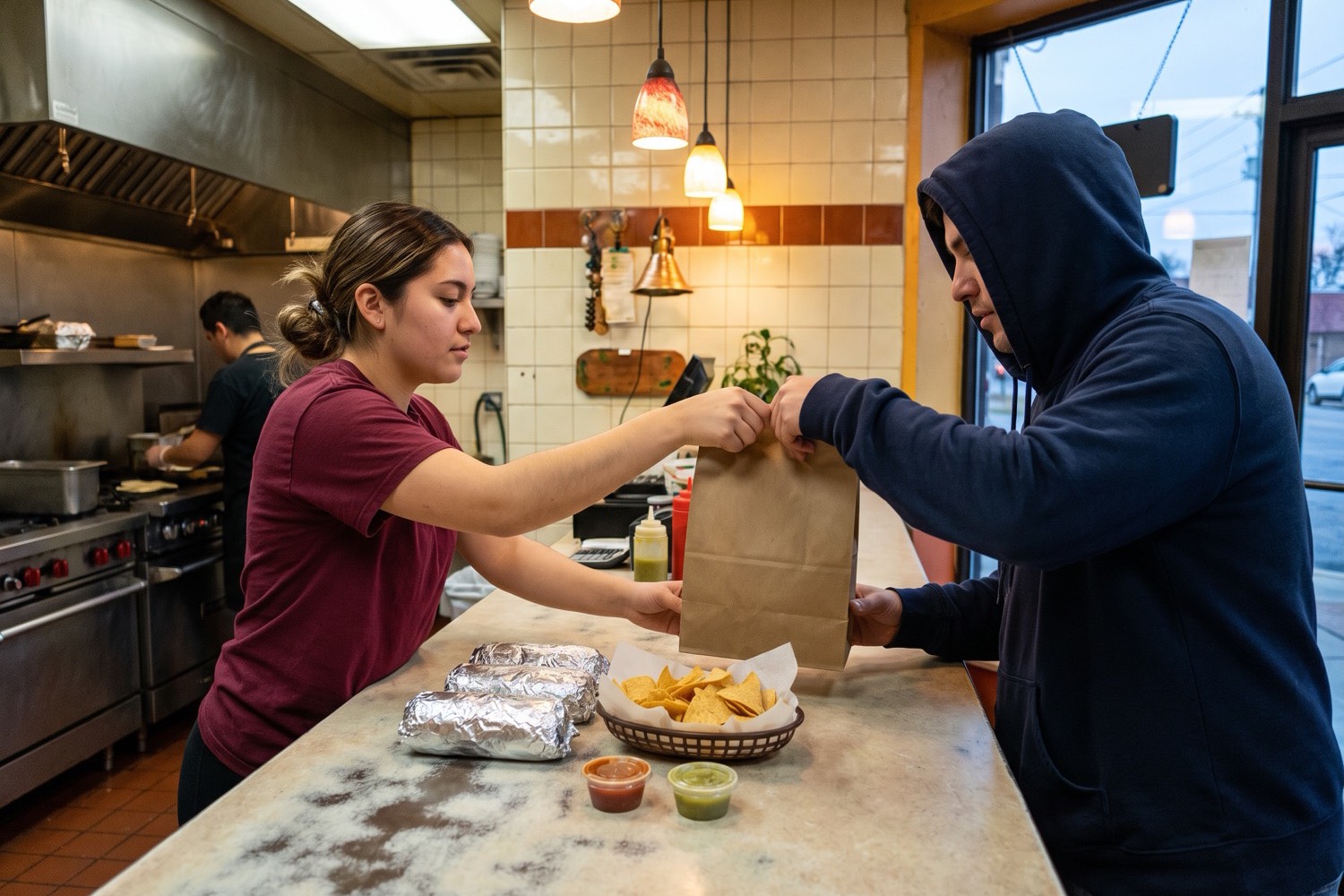 A taqueria employee hands a paper bag across the counter to a customer picking up an online order
