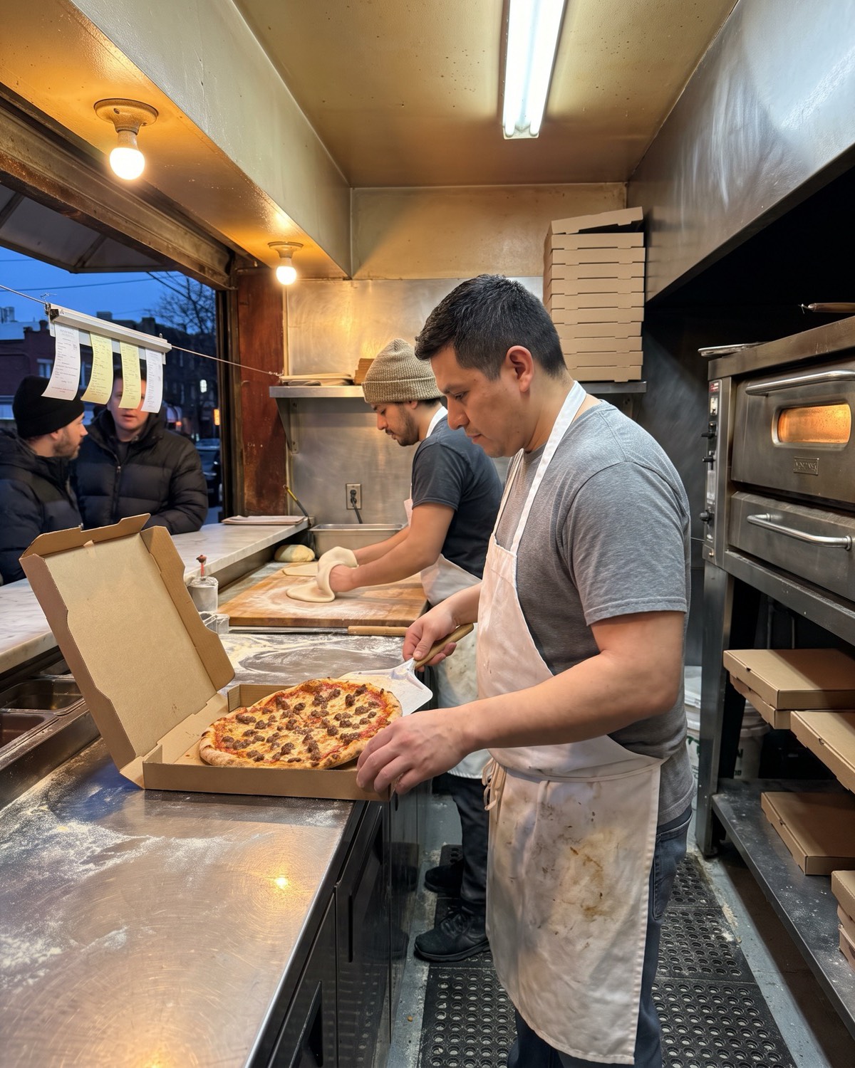 A cook at a neighborhood pizzeria boxes a fresh sausage pizza on the steel counter next to the deck oven