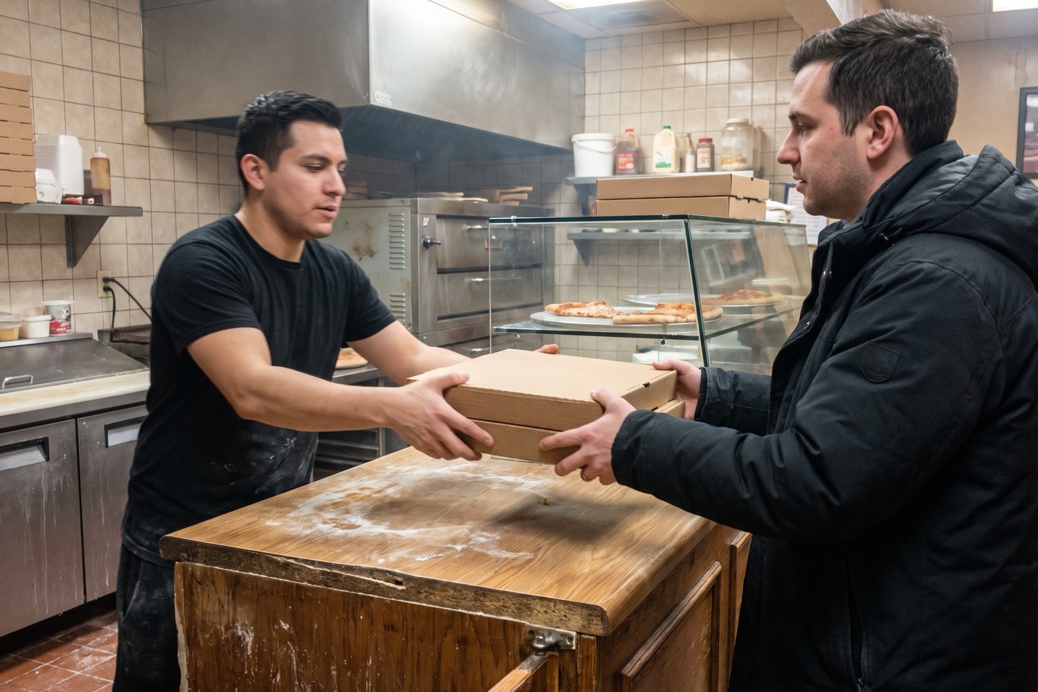 A pizzeria employee hands two pizza boxes across the counter to a customer picking up an online order