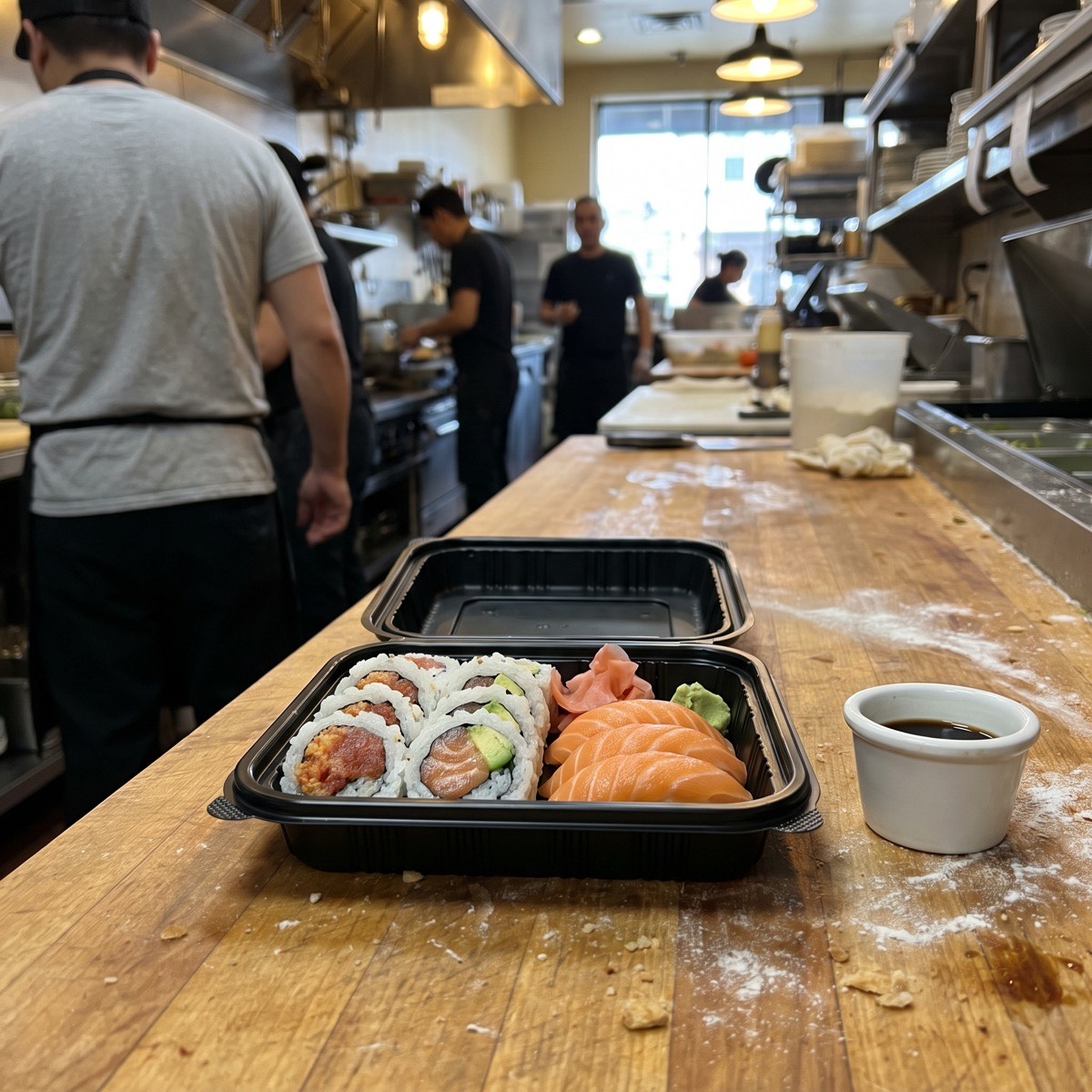 A takeout tray of sushi rolls, salmon nigiri, pickled ginger and wasabi with a cup of soy sauce