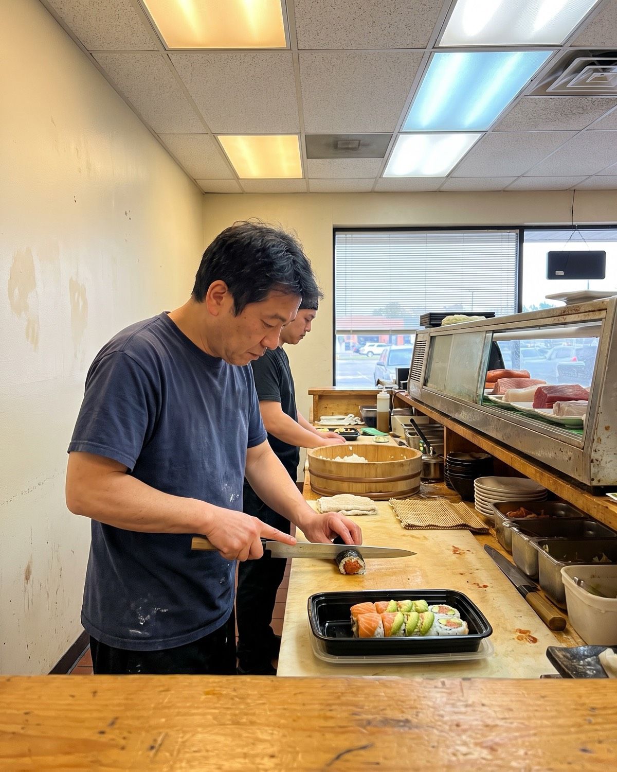 A sushi chef slices a tuna roll on a wooden board next to a takeout tray of salmon and avocado rolls