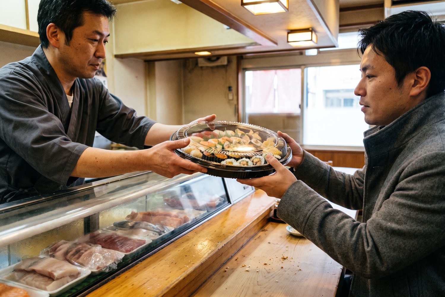 A sushi chef hands a round party platter of rolls and nigiri across the counter to a customer