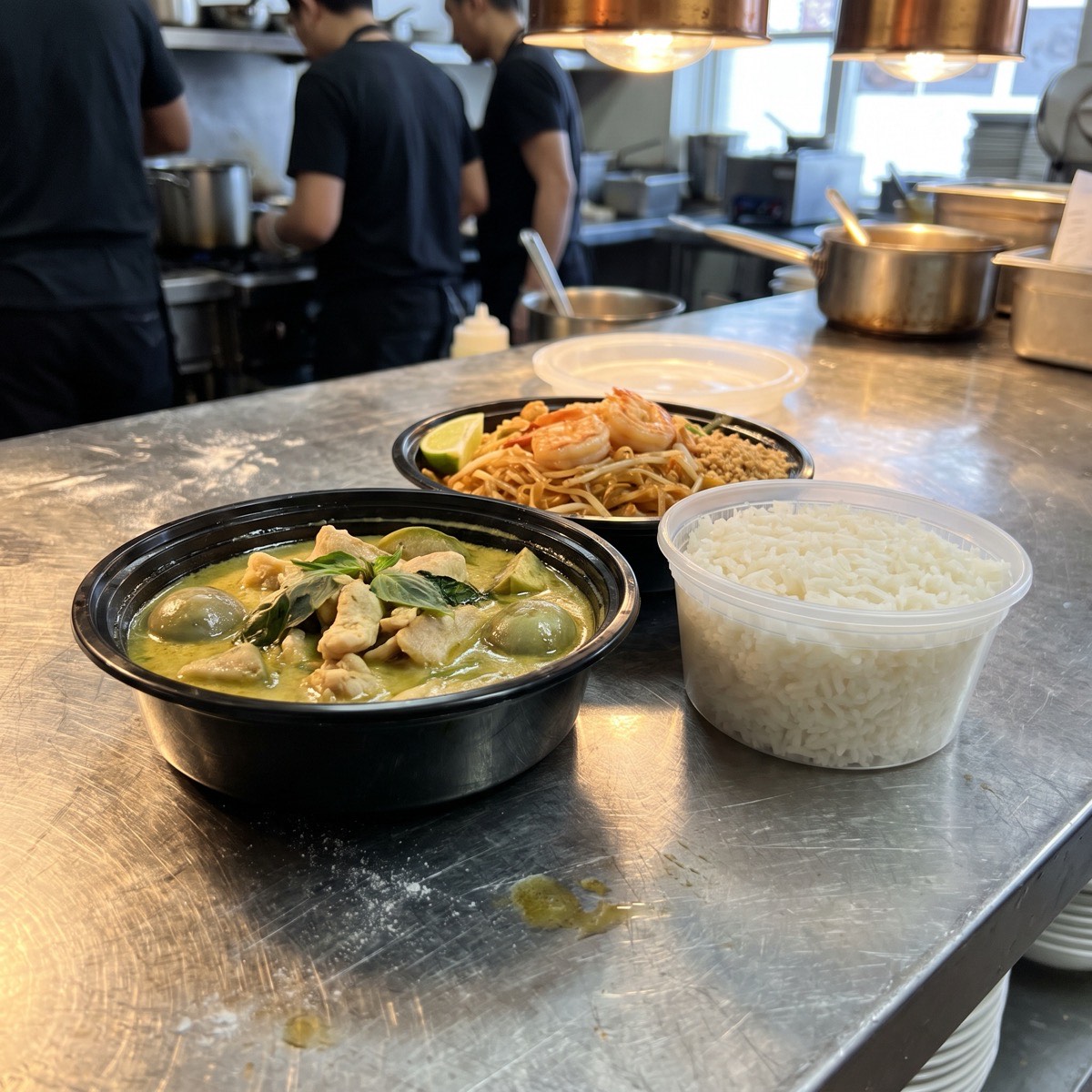 A Thai takeout order of green curry with chicken, jasmine rice and pad thai with shrimp