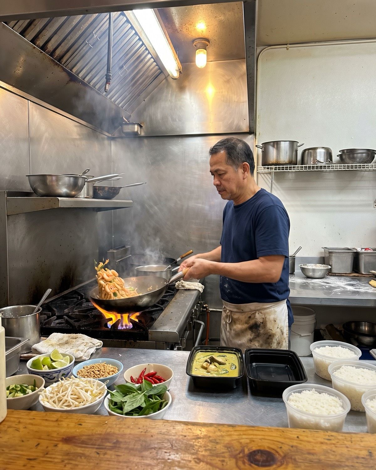 A cook tosses pad thai in a wok beside bowls of lime, peanuts, Thai basil and chilies at a Thai restaurant