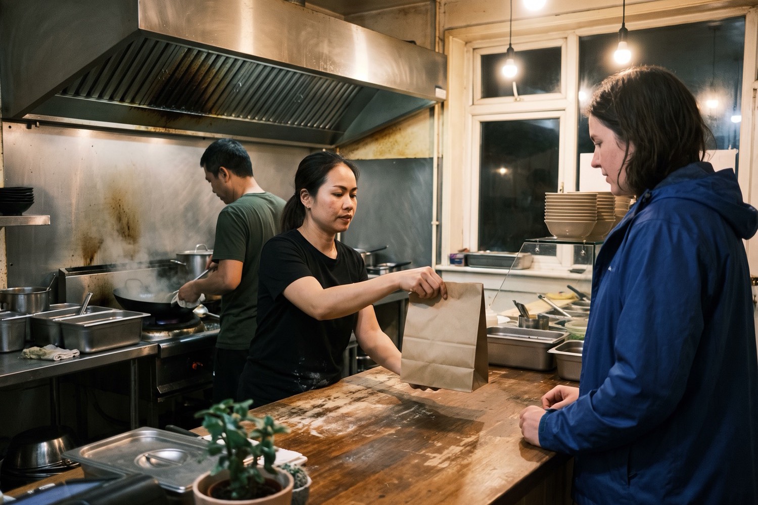 An employee at a Thai restaurant hands a paper takeout bag across the counter to a customer