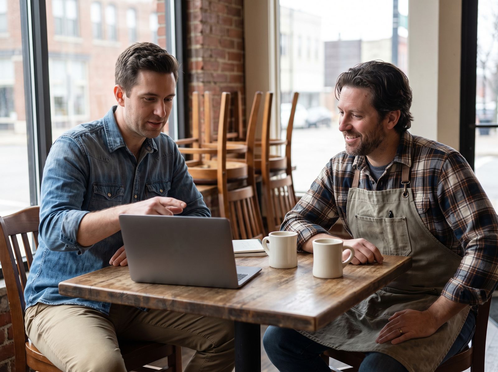 A web consultant walks a restaurant owner through a laptop at a cafe table