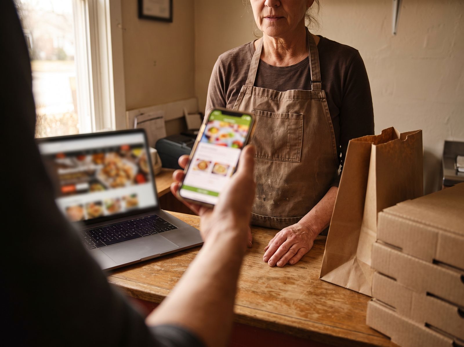 Restaurant owner at the counter while a customer browses a new online ordering page on a phone